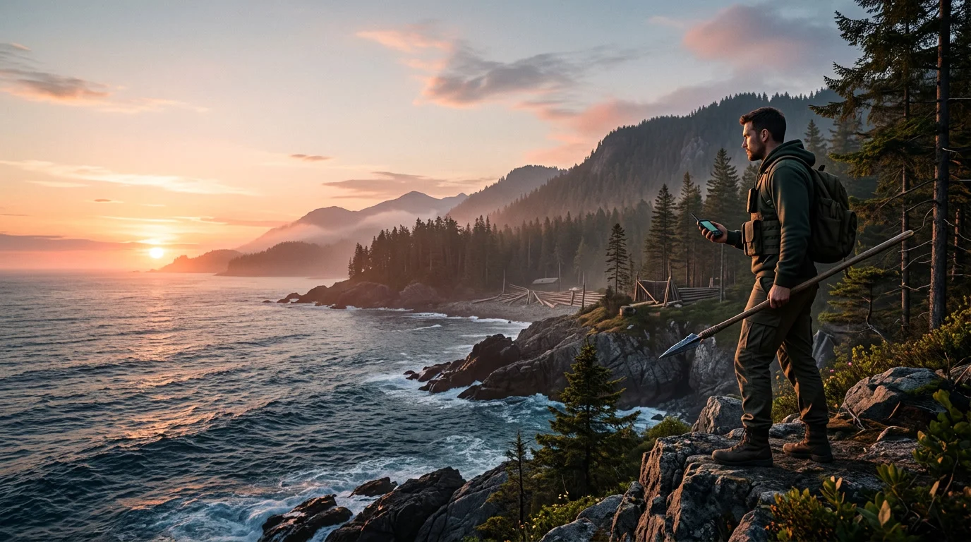 Sons of the Forest Guide: Spieler baut erste Basis im Wald, Kelvin sammelt Holz im Hintergrund