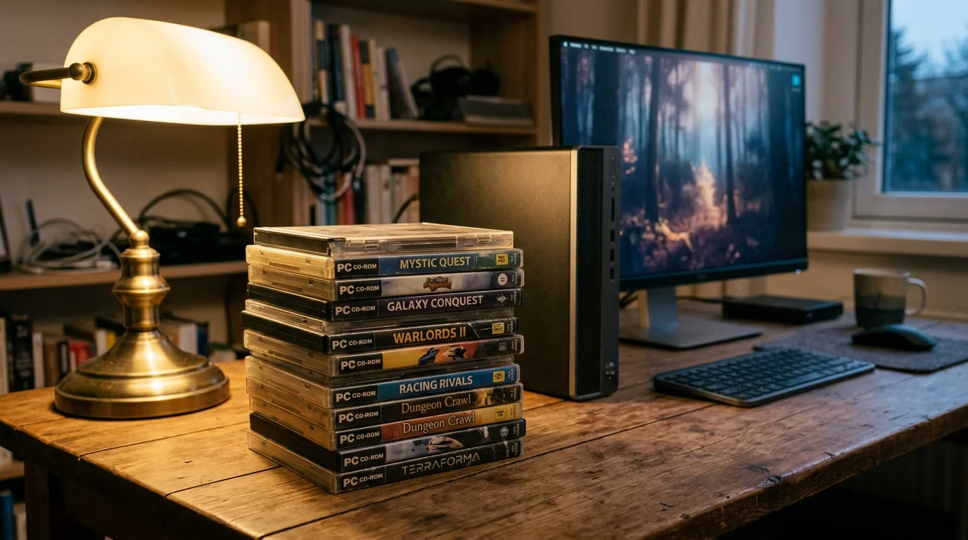 Stapel alter PC-Spiele-CDs neben einem modernen Rechner – alte Spiele auf Windows 11 zum Laufen bringen