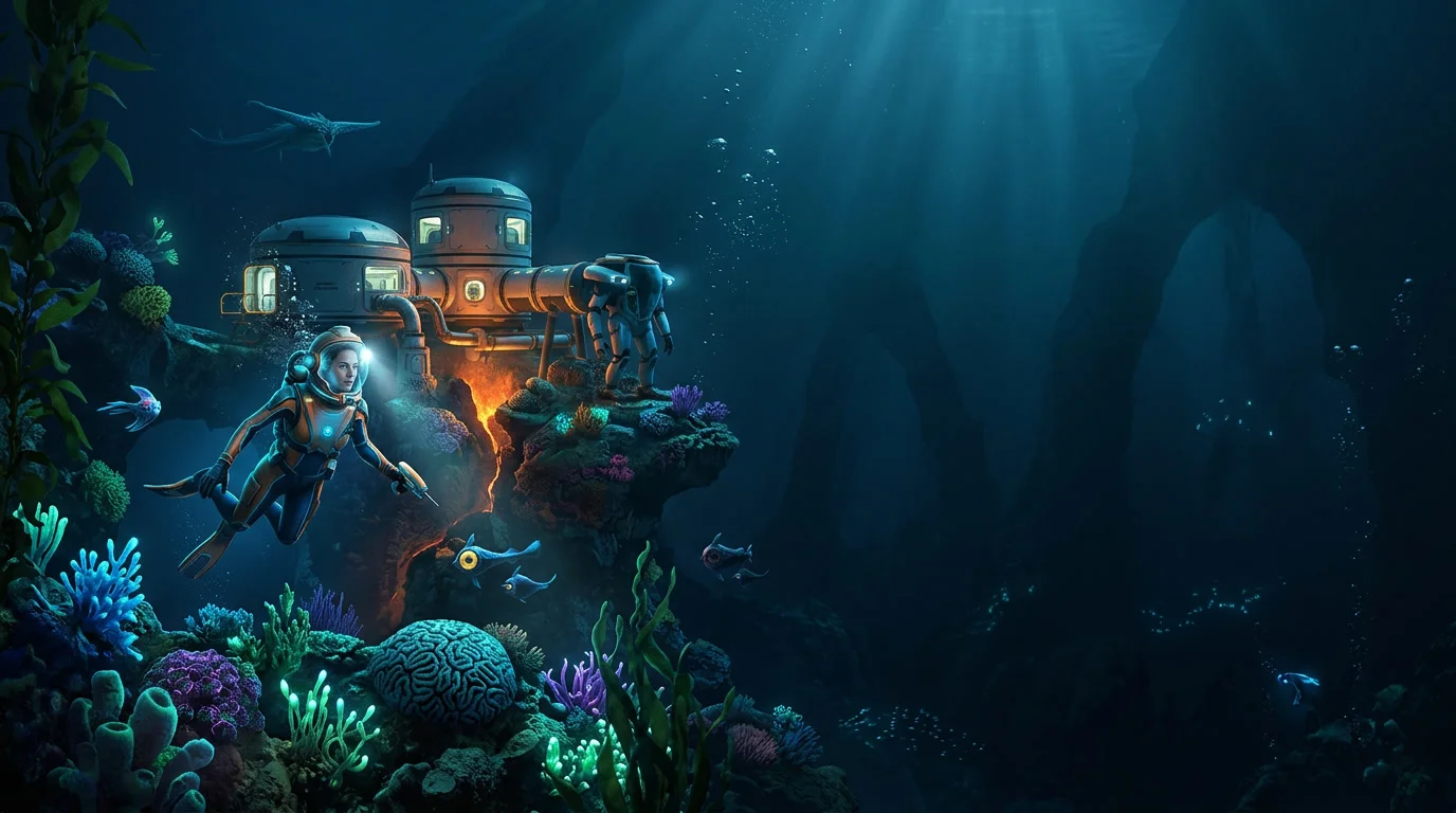 Subnautica 2 Roadmap Grafik mit Update 1.1, 1.2 und dem Future-Block rund um den Collector Leviathan