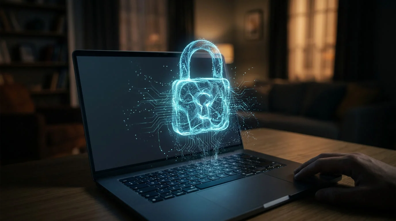 Symbolisches Schloss aus digitalen Lichtpartikeln über einer Tastatur als Sinnbild für digitale Sicherheit