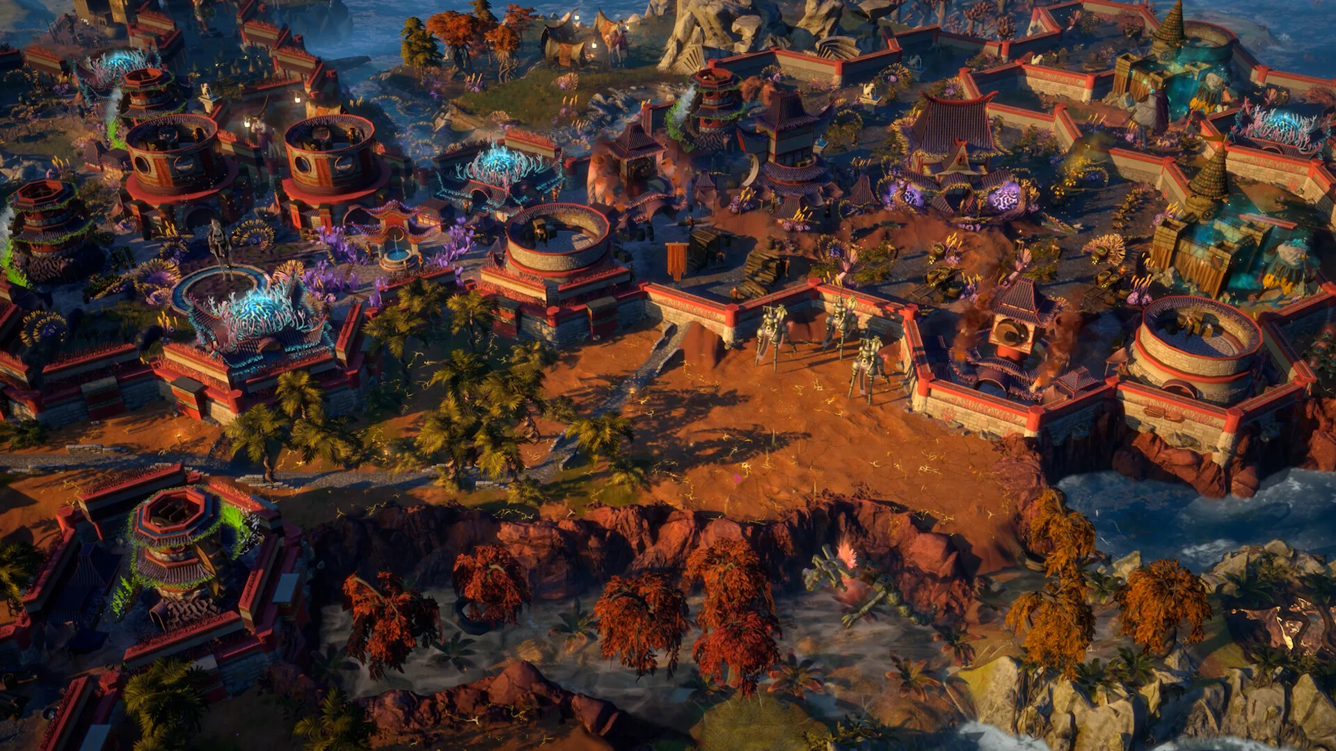 Szene aus Endless Legend 2: Fantasy-Weltkarte mit Stadt und Armeen