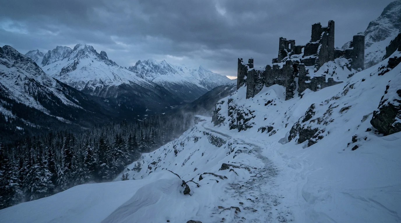 Verschneite Gebirgslandschaft mit einem schmalen Pfad und Ruinen im Hintergrund als Motiv einer Frostregion