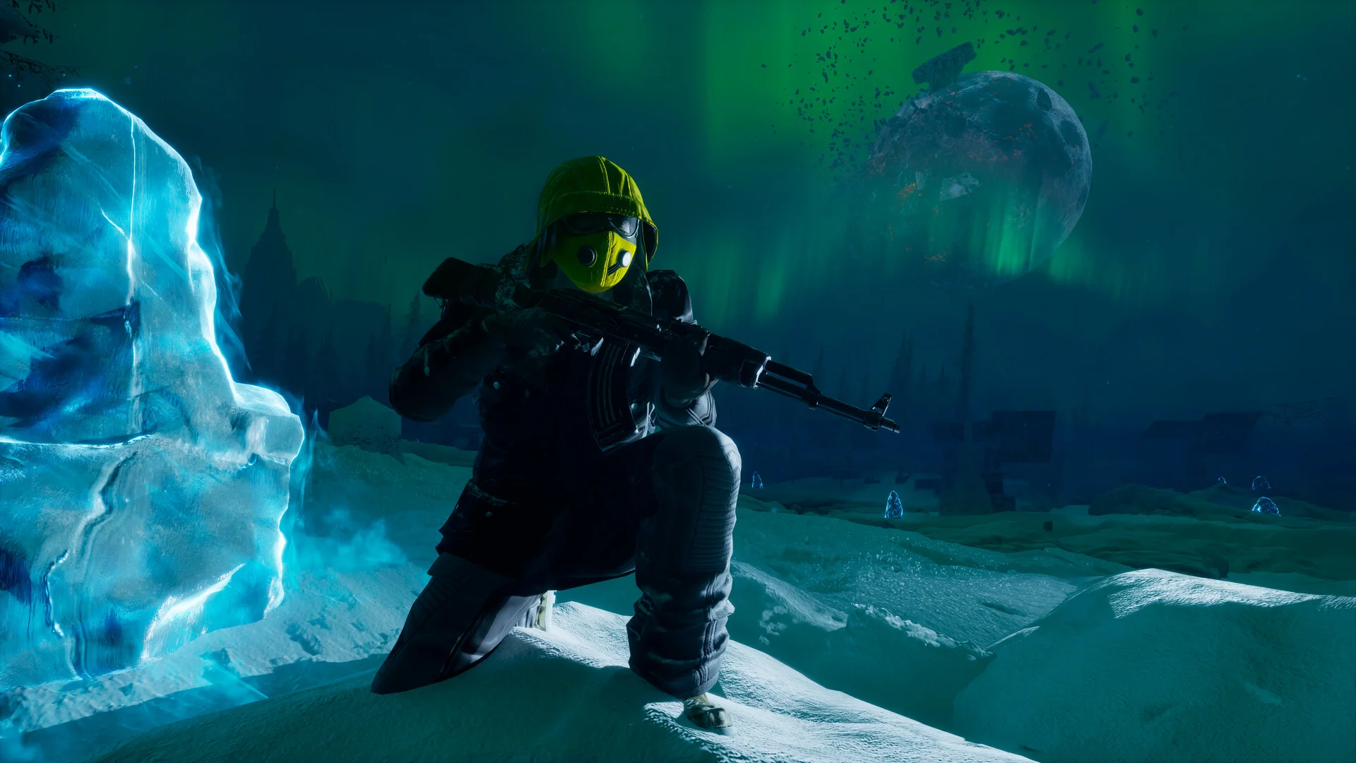 Verschneite Ruinenlandschaft mit einer verlassenen Unterkunft in Permafrost