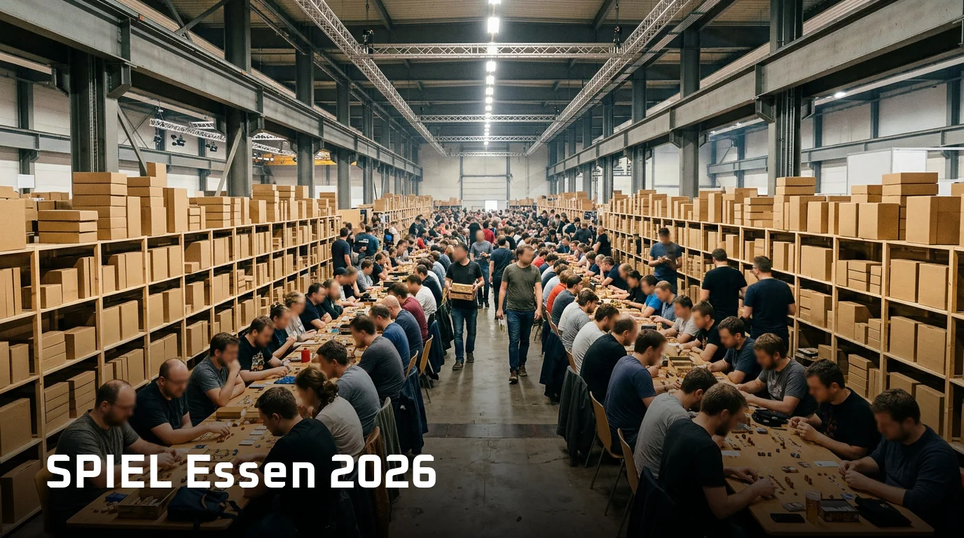 Volle Messehalle mit langen Reihen von Spieltischen, Besuchern beim Brettspielen und Regalen voller Spielkartons
