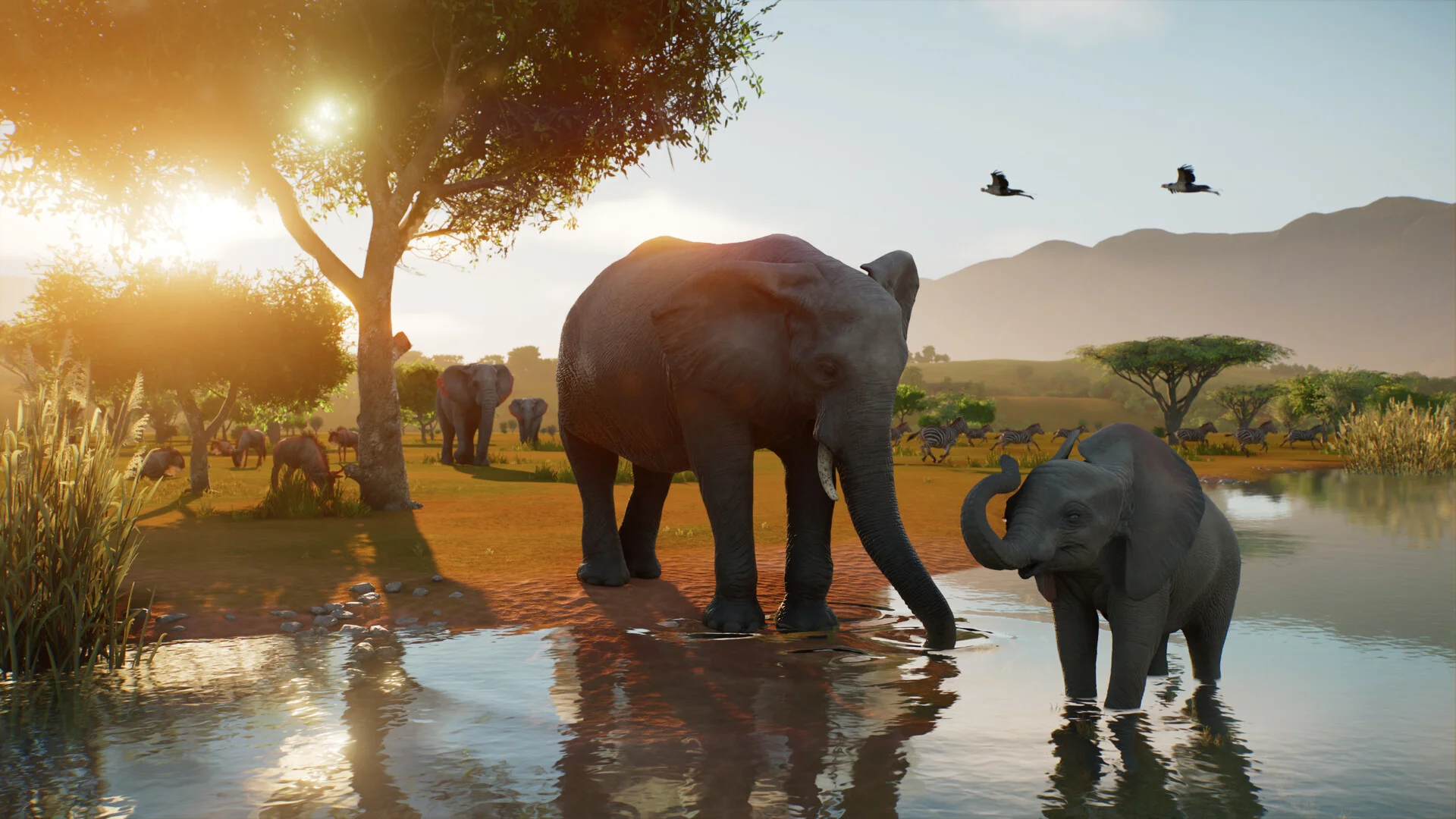 Weitläufiges Zoogelände mit Gehegen, Besucherwegen und Tieren aus Planet Zoo 2