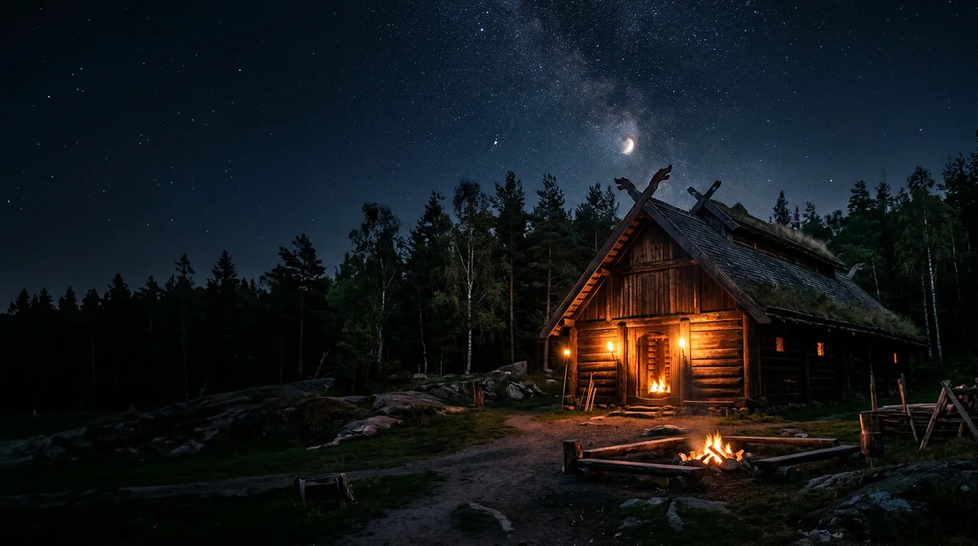 Wikinger-Langhaus bei Nacht als Symbolbild: Valheim Server einrichten, Weltordner sichern und Crossplay freischalten