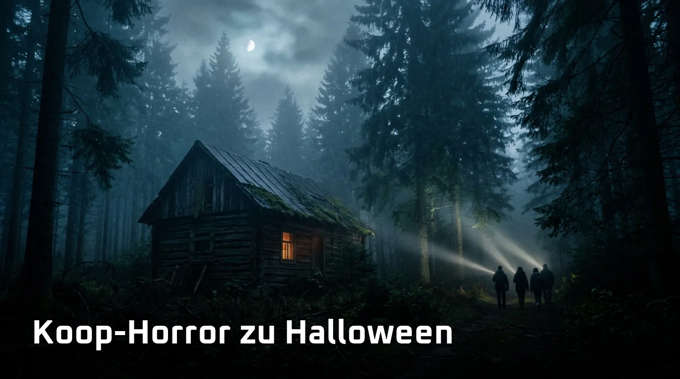 Alter Holzschuppen im nächtlichen Nebelwald, vier Taschenlampenstrahlen von kleinen Silhouetten, ein einzelnes erleuchtetes Fenster
