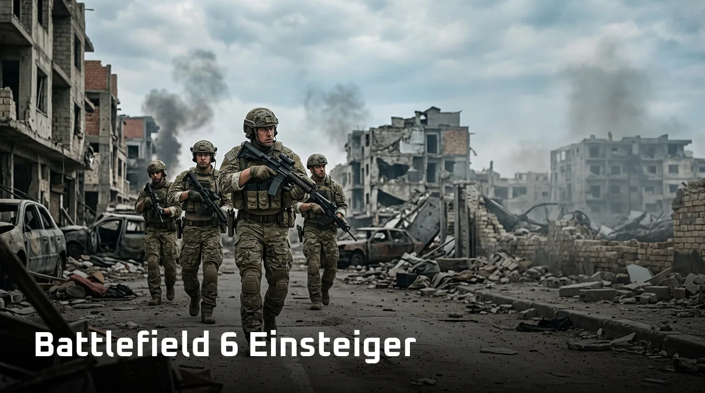 Battlefield 6 Einsteiger beim ersten Match: Soldat rückt mit dem Squad durch eine zerstörte Stadt vor