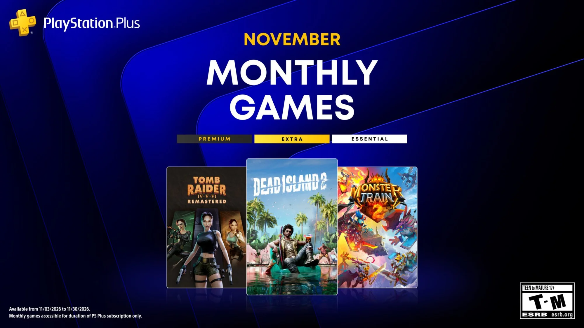 Collage der PlayStation-Plus-Monatsspiele für November mit Dead Island 2, Tomb Raider und Monster Train 2