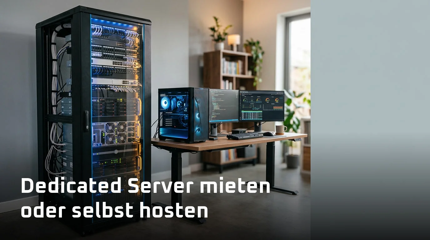 Dedicated Server mieten oder selbst hosten: Serverrack neben einem Heim-PC als Vergleich