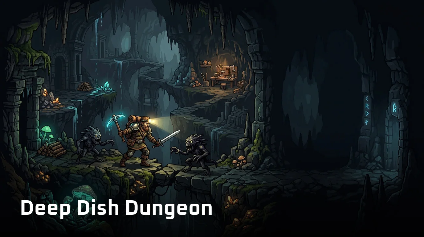 Deep Dish Dungeon: Spielszene aus dem Survival-Metroidvania mit Crafting und Dungeon-Erkundung