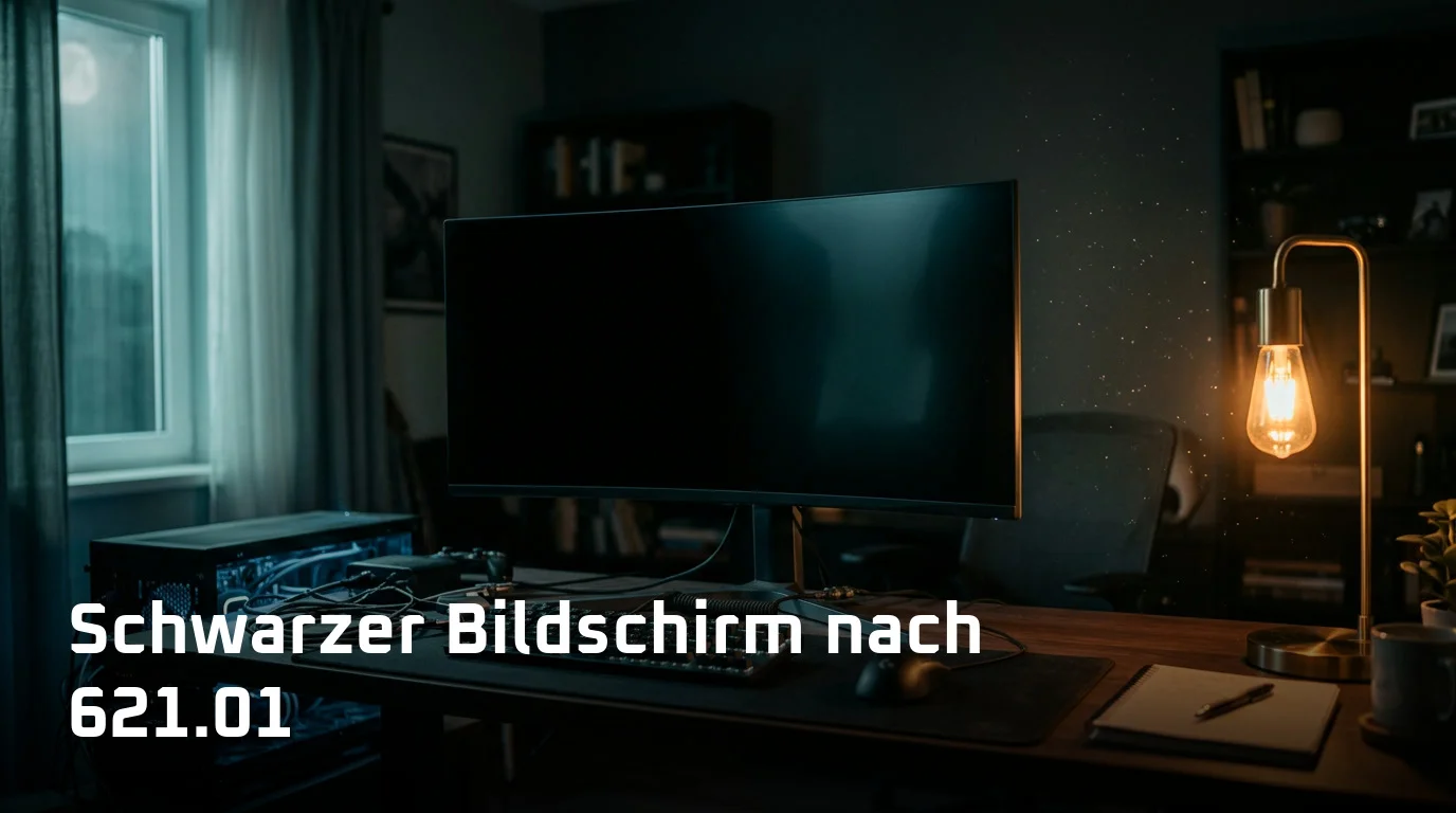 Dunkler Schreibtisch bei Nacht, der Monitor bleibt schwarz, nur Lüfterlicht erhellt Tastatur und Kabel