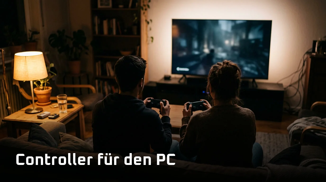 Dunkles Wohnzimmer mit zwei Personen von hinten auf dem Sofa vor einem leuchtenden Bildschirm, Controller nur als Silhouetten