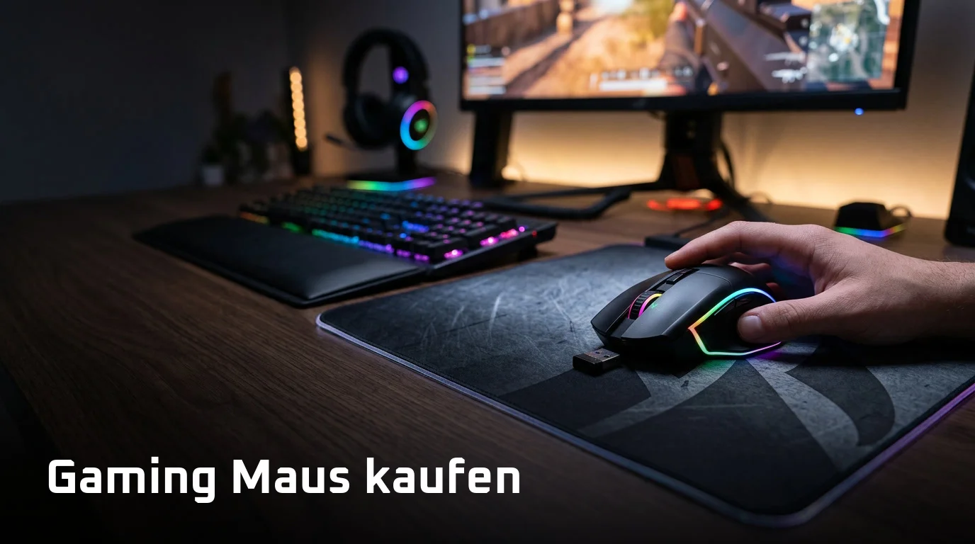 Gaming Maus kaufen: Kabellose Maus mit Beleuchtung auf einem Mauspad am Schreibtisch