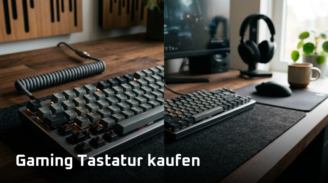 Gaming Tastatur kaufen: mechanische Tastatur mit Schaltern und Tastenkappen auf einem Schreibtisch