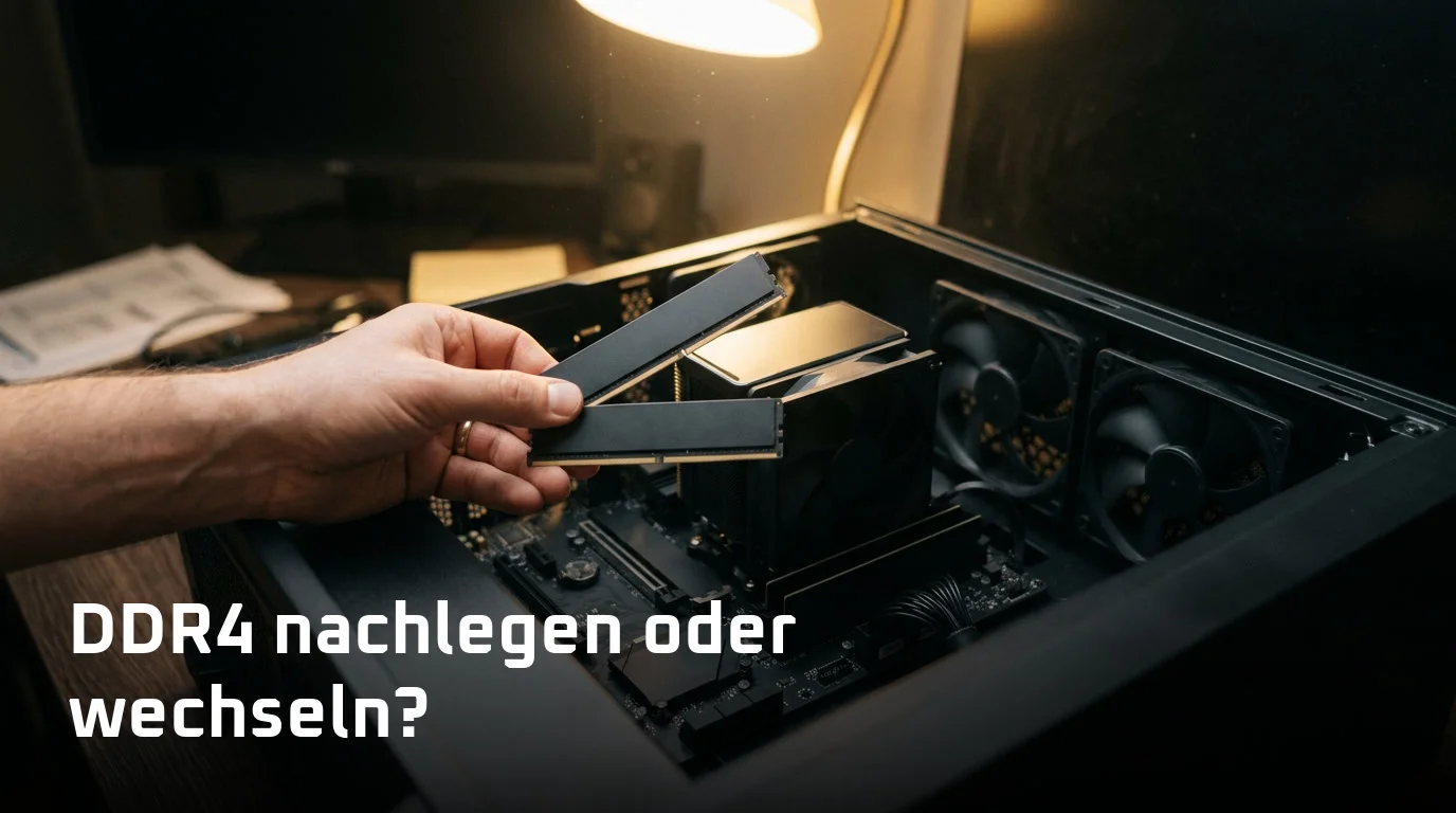 Geöffneter PC-Tower auf einem Holzschreibtisch im warmen Lampenlicht, eine Hand hält zwei Speicherriegel ohne Aufdruck über die Steckplätze