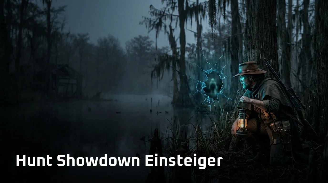 Hunt Showdown Einsteiger sucht mit Dark Sight nach Hinweisen in einem düsteren Sumpf