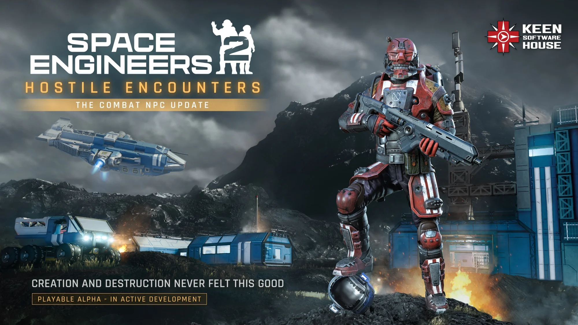 Key-Art zu Hostile Encounters: Soldat in roter Rüstung mit Gewehr vor einer blauen Basis, dahinter ein Raumschiff und ein Rover