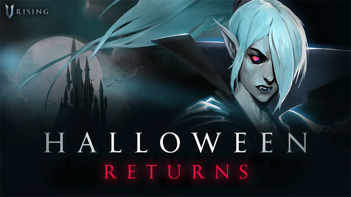 Key-Art zur Halloween-Aktion von V Rising mit Vampirin, Vollmond und der Silhouette eines Schlosses
