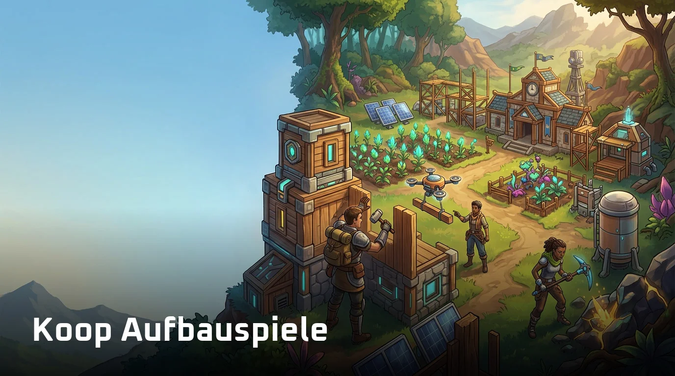 Koop Aufbauspiele am PC: Mehrere Spieler bauen gemeinsam eine Basis in einer Spielwelt