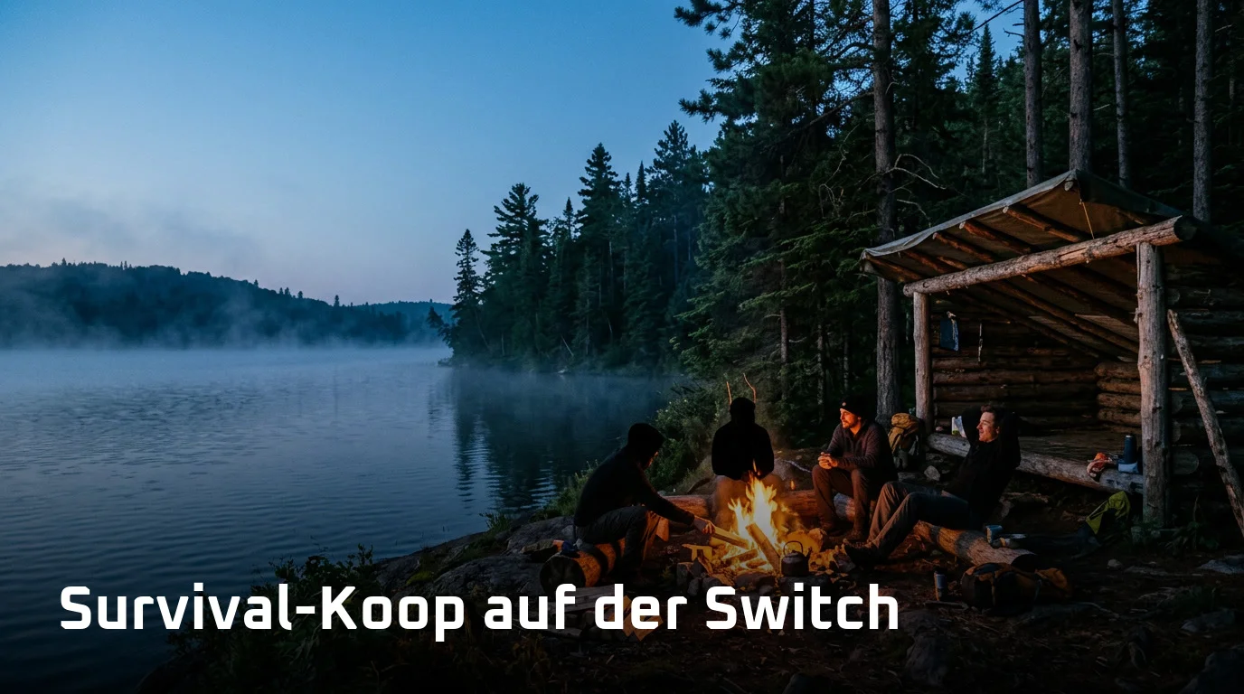Lagerfeuer an einem Seeufer in der Dämmerung, davor eine Gruppe als Silhouetten, dahinter eine Holzhütte