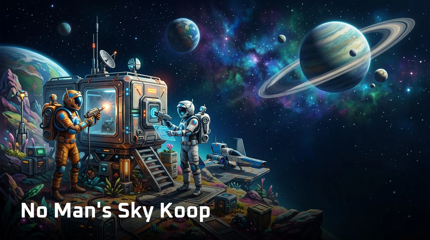 No Man's Sky Koop: Zwei Raumfahrer arbeiten gemeinsam an einer Planetenbasis im All