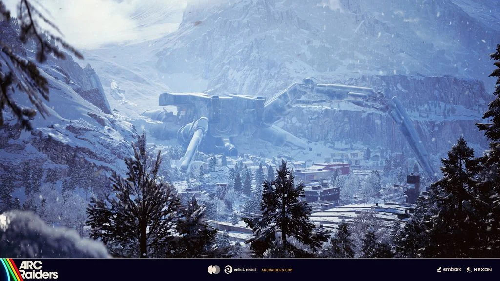 Pendola Pass: verschneites Bergdorf mit abgestürztem Emperor aus dem ARC-Raiders-Update Frozen Trail