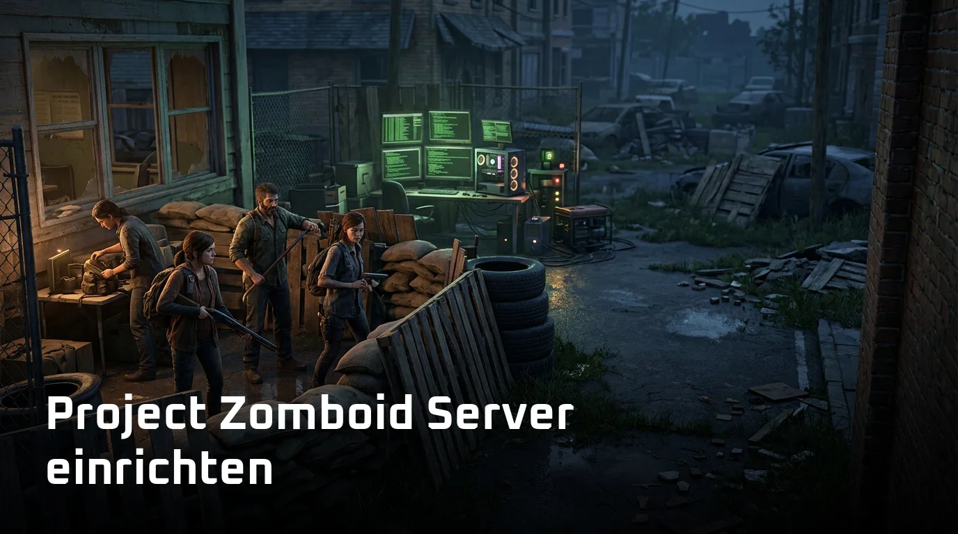 Project Zomboid Server einrichten: Überlebende vor einer Barrikade mit Serverkonsole im Hintergrund