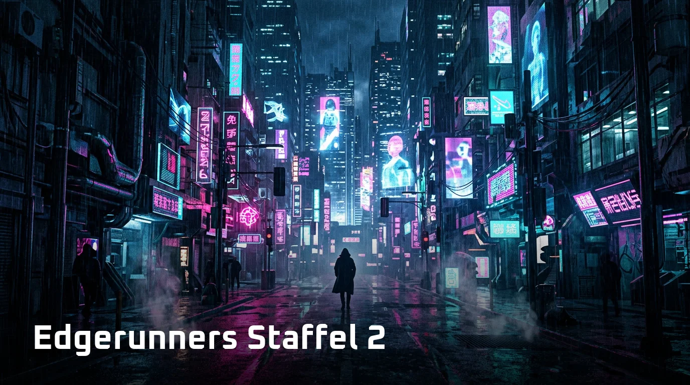 Regennasse Straße einer futuristischen Megacity bei Nacht mit Neonlicht, Dampf aus Schächten und einer fernen Silhouette