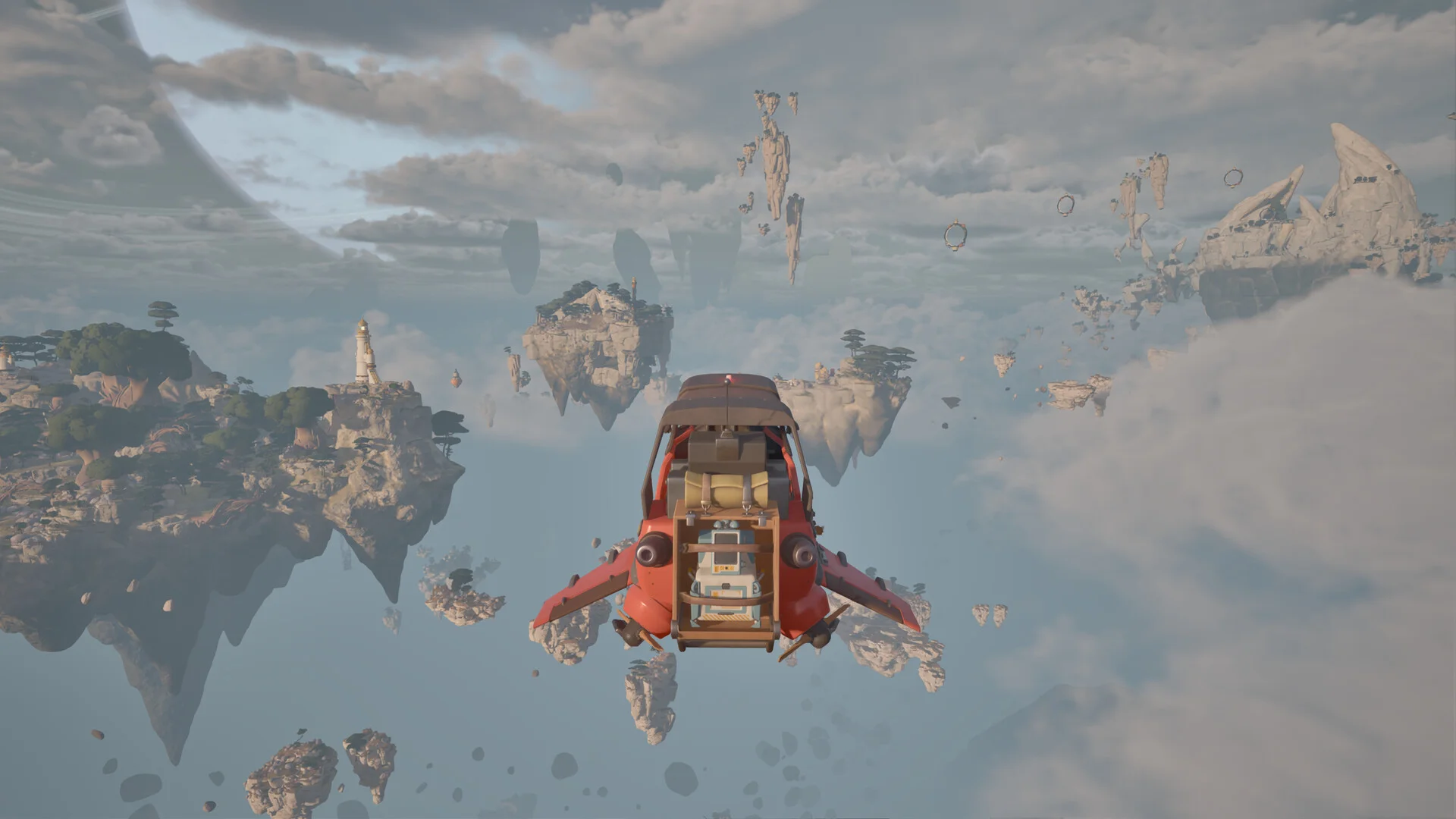 Rote Wasp mit Passagier fliegt zwischen schwebenden Felsinseln, im Hintergrund ein Leuchtturm und ein Ringplanet
