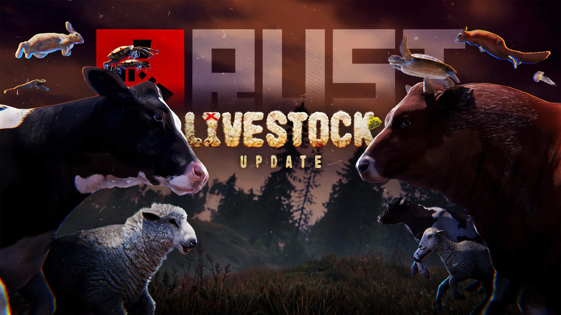 Rust Livestock Update: Kühe und Schafe auf einer Weide, offizielles Bild von Facepunch