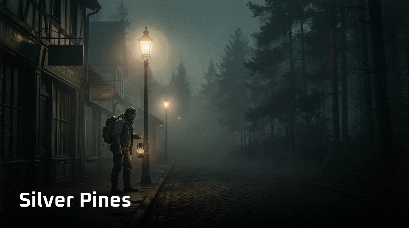 Silver Pines Artwork: neblige Noir-Kleinstadt im Survival-Horror-Metroidvania auf Steam