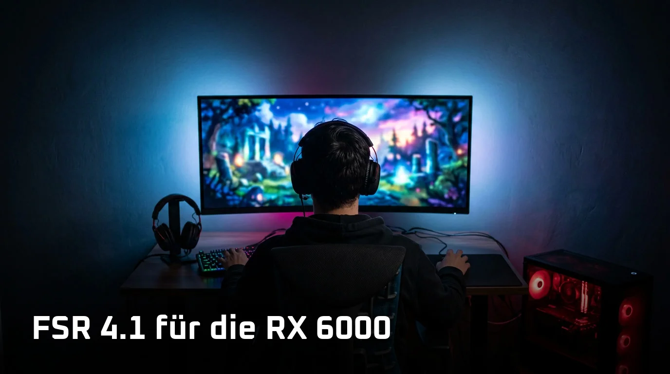 Spieler von hinten an einem Schreibtisch im abgedunkelten Zimmer vor einem breiten Monitor mit unscharfer Fantasy-Landschaft, kühles blaues Licht