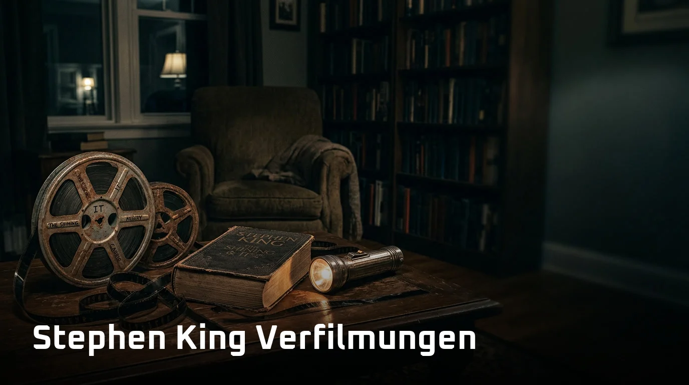 Stephen King Verfilmungen: Collage aus Filmrollen, Buch und Taschenlampe im dunklen Wohnzimmer