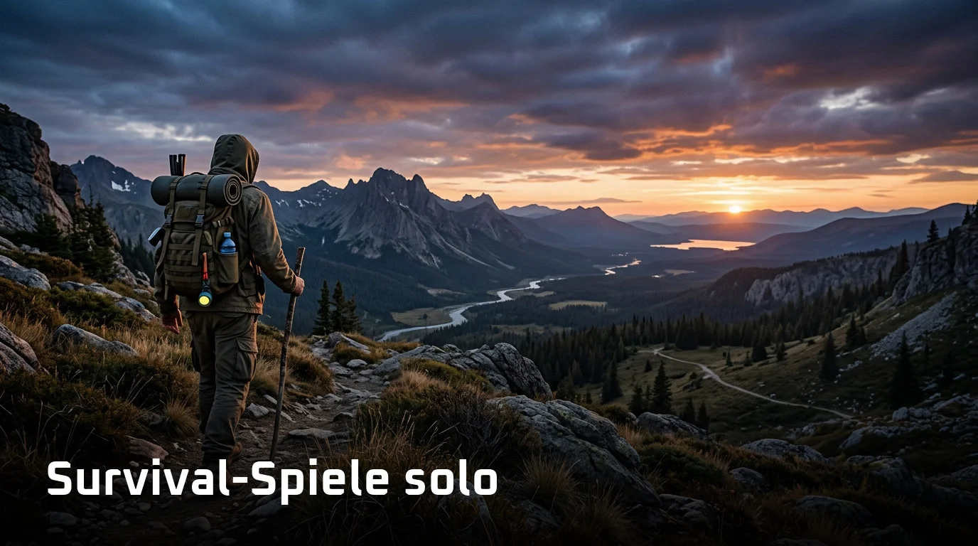 Survival-Spiele solo: Einsamer Spieler erkundet allein eine raue Spielwelt am Abend