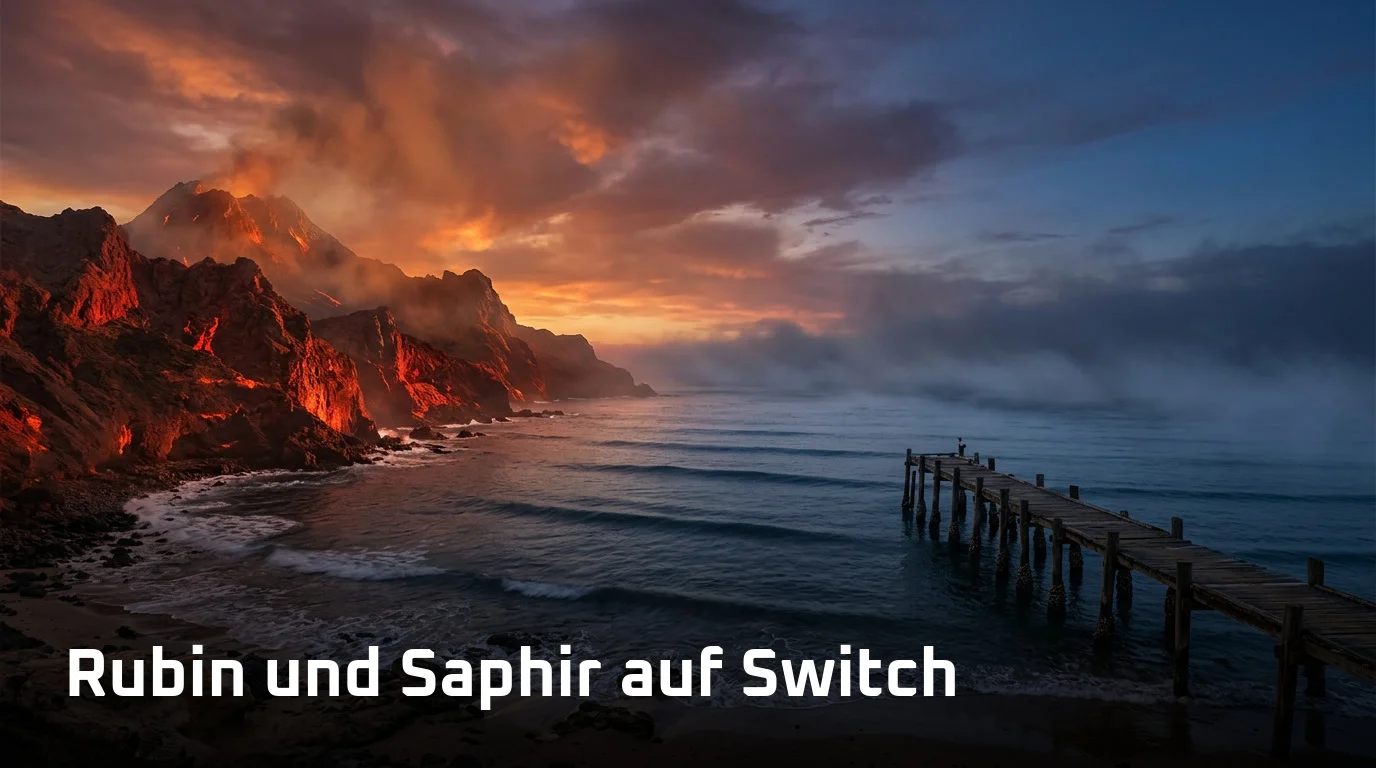 Tropische Küste im Zwielicht: links rot glühende Vulkanfelsen, rechts tiefblaues Meer, davor ein einsamer Holzsteg