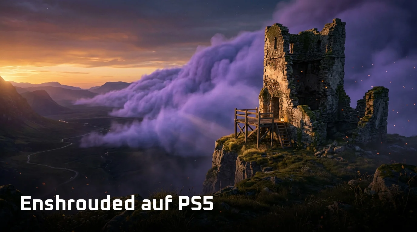 Verfallene Steinwarte auf einer Klippe, dahinter eine violette Nebelwand und warmes goldenes Abendlicht