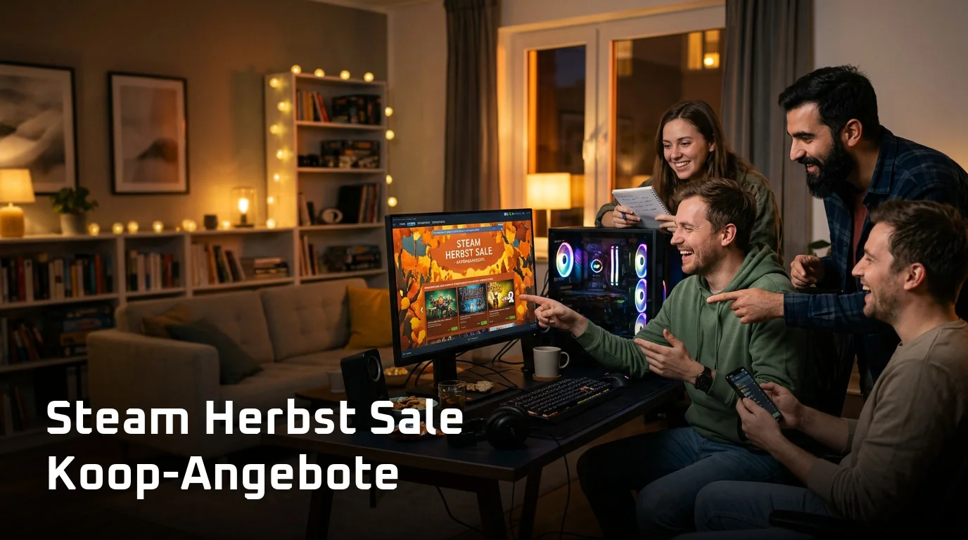 Vier Freunde vor dem PC planen ihre Auswahl bei den Steam Herbst Sale Koop-Angeboten