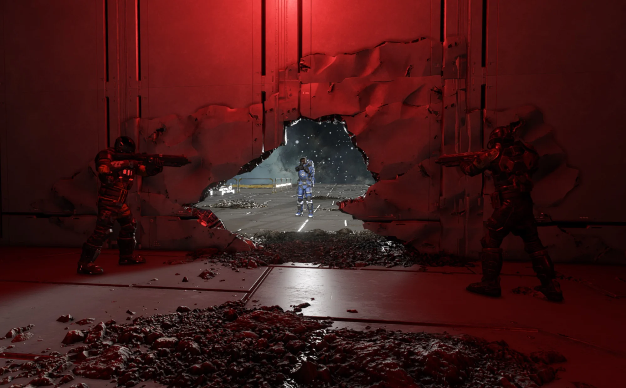 Zwei Renegades in rotem Licht zielen durch ein Loch in einer Stationswand auf einen Ingenieur im blauen Anzug